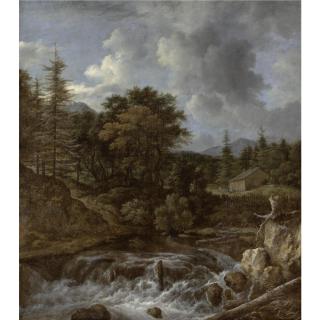 Jacob Isaacksz. van Ruisdael - A Scandinavian Landscape With A Wood Beside A Torrent And A Waterfall, A Cottage Beyond