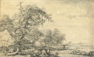 Jacob Isaacksz. van Ruisdael - A Shepherd And His Flock Approaching Farm Buildings Among Trees