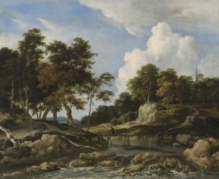 Jacob Isaacksz. Van Ruisdael - A Wooded River Landscape With A Bridge, A Church Beyond