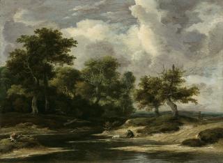 Jacob Isaacksz. Van Ruisdael - A wooded river landscape with a traveller and dog