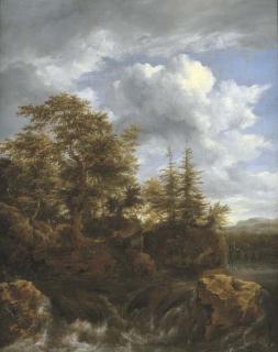 Jacob Isaacksz. Van Ruisdael - A wooded river landscape with a waterfall and travellers on a bridge