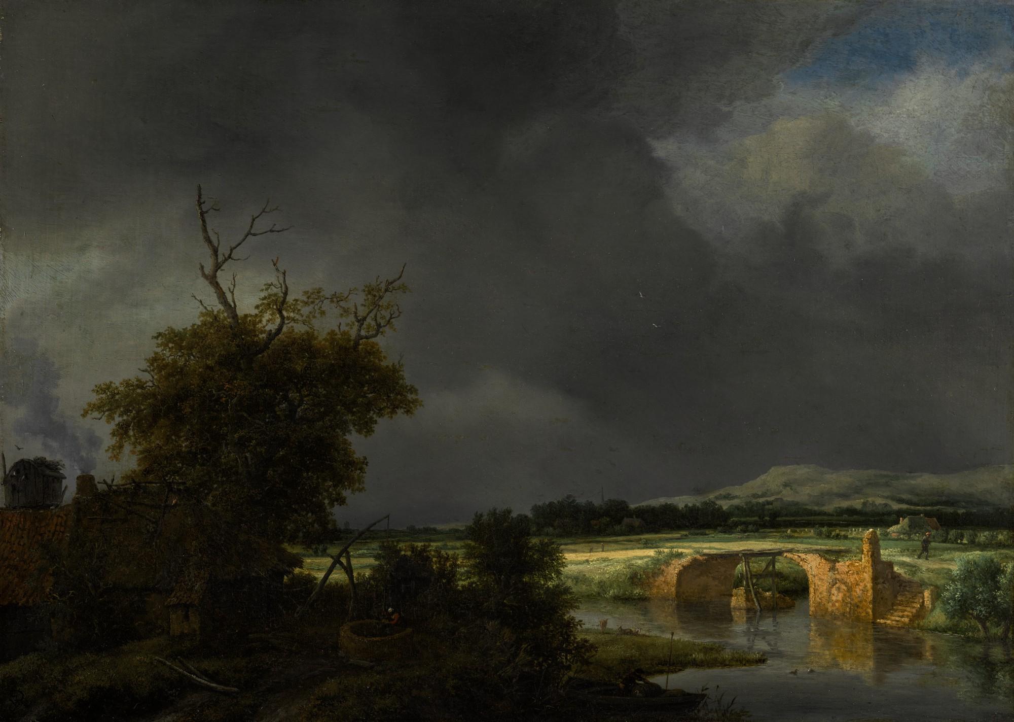 Jacob Isaacksz. Van Ruisdael - Landscape with a cottage and stone bridge under a cloudy sky |《陰天下的茅屋與石橋風景》