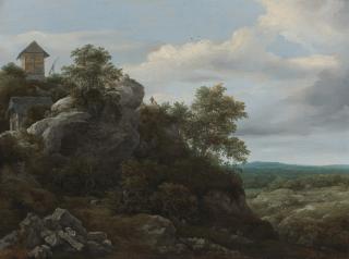Jacob Isaacksz. Van Ruisdael - Landscape With Houses On A Rocky Hill With A View Of A Plain Beyond