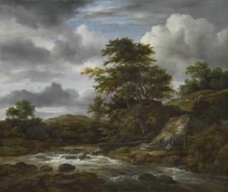 Jacob Isaacksz. Van Ruisdael - Low Waterfall In A Hilly Landscape With A Thatched Cottage