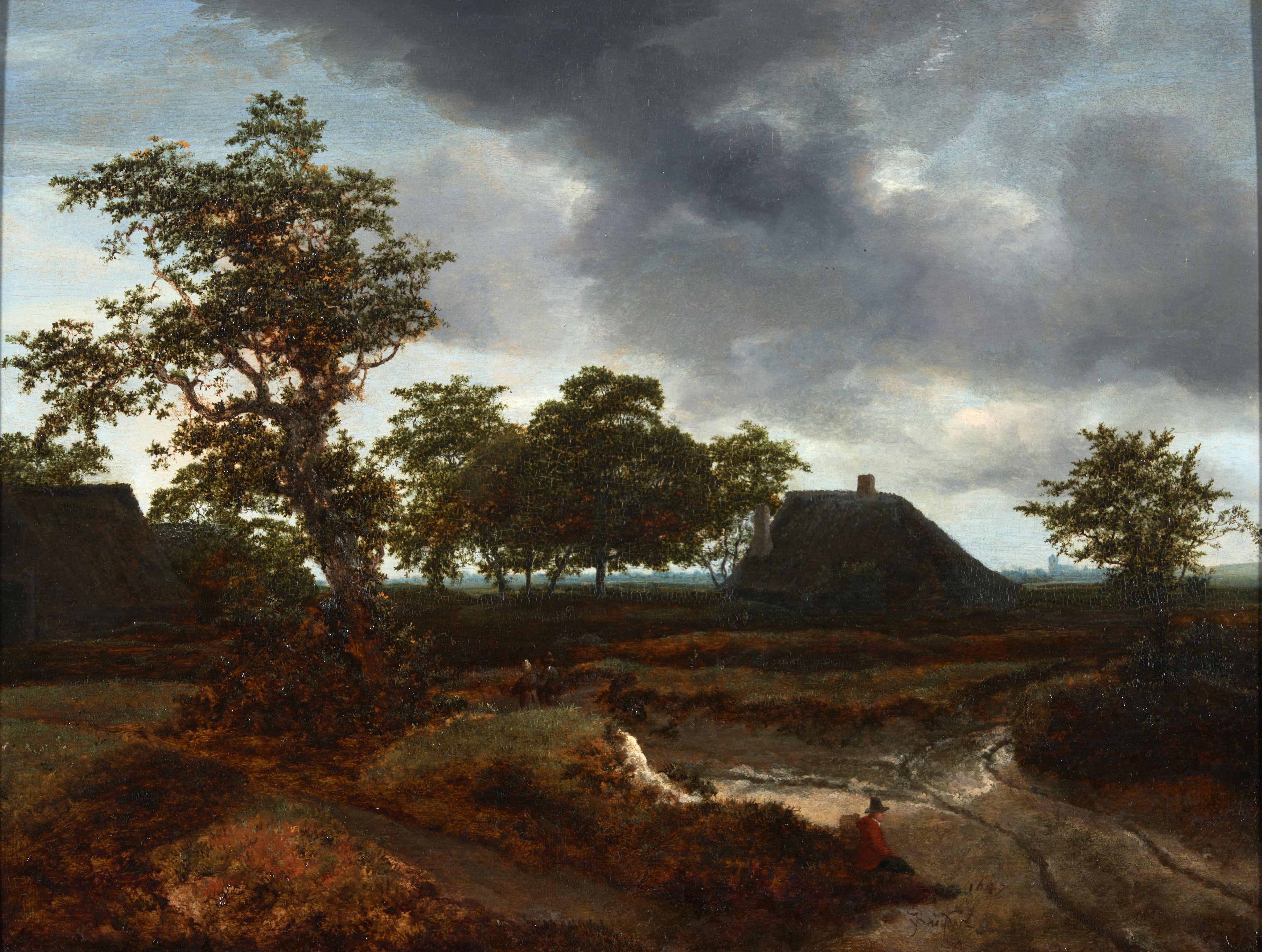 Jacob Isaackz van Ruisdael - Landscape with Figures and Cottages framed 50.5 x 60.5 x 5.3 cm (19 7/8 x 23 13/16 x 2 1/16 in).