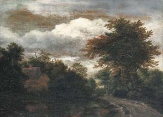 Jacob Isaacsz. van Ruisdael - A wooded landscape with a traveller on a path by a pond