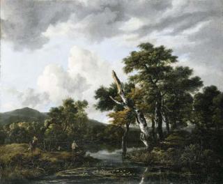 Jacob Isaacsz. Van Ruisdael - A wooded river landscape with figures on a bank