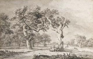 Jacob Isaacsz. Van Ruisdael - Two oak trees in an extensive landscape, with deer leaping beyond