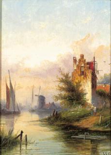 Jacob Jan Coenraad Spohler - A river landscape with a fortified mansion