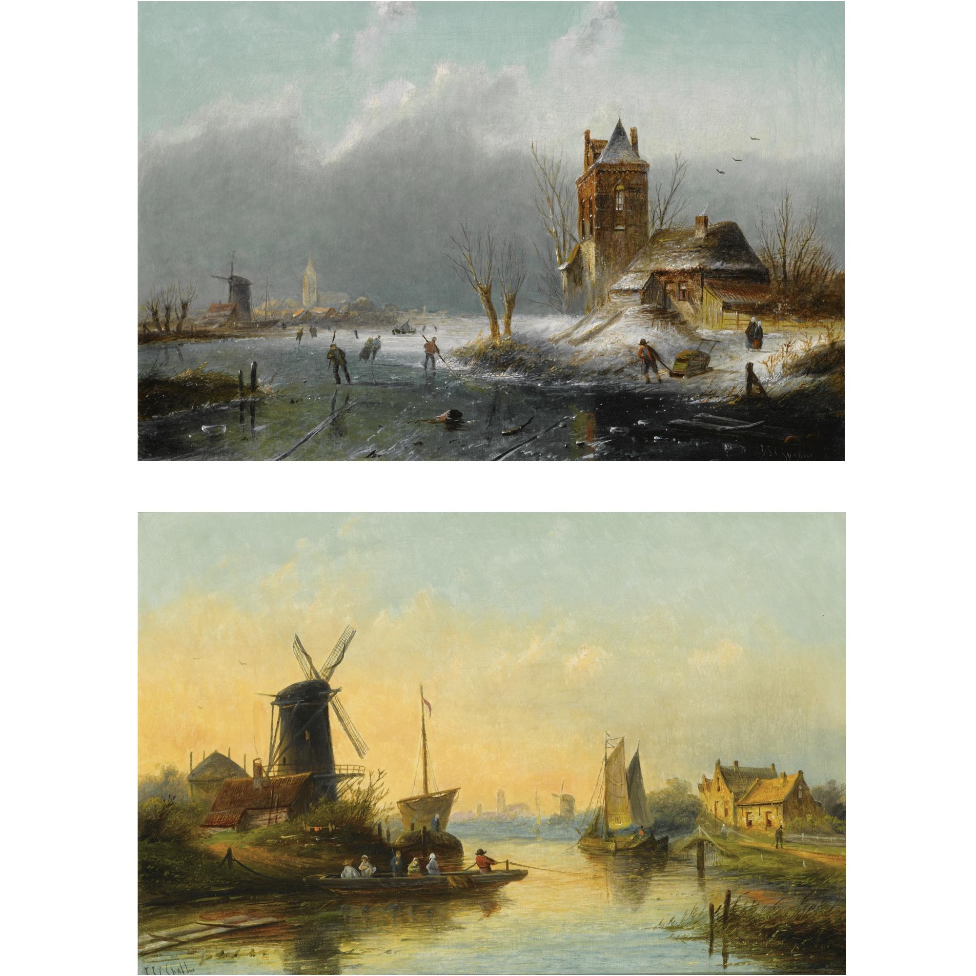 Jacob Jan Coenraad Spohler - Dutch a Summer Landscape With A Ferry At A Riverside Windmill; A Winter Landscape With Skaters On The Ice (A Pair)