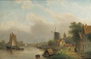 Jacob Jan Conrad Spohler - Shipping on a river by a village