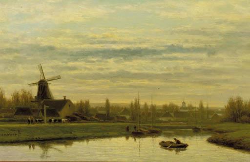 Jacob Jan Van Der Maaten - Dusk: cattle returning home on a path along a river, a village beyond