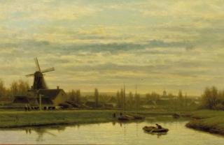 Jacob Jan Van Der Maaten - Dusk: cattle returning home on a path along a river, a village beyond