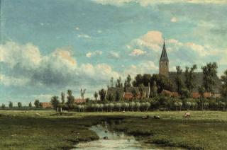 Jacob Jan Van Der Maaten - Dutch polder landscape with a village beyond