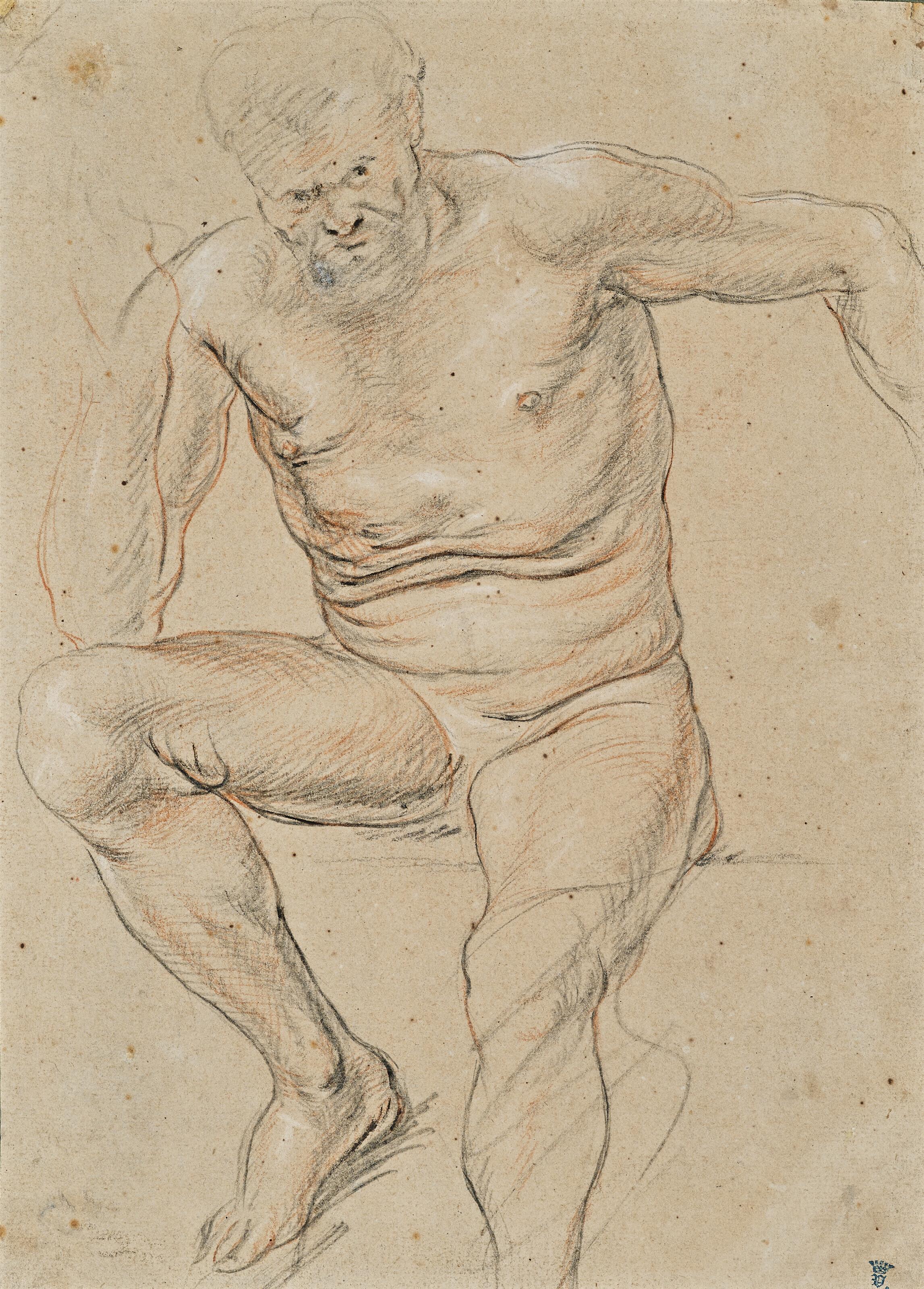 Jacob Jordaens - An academy of a male nude seated (recto); A goat and a head of goat (verso)