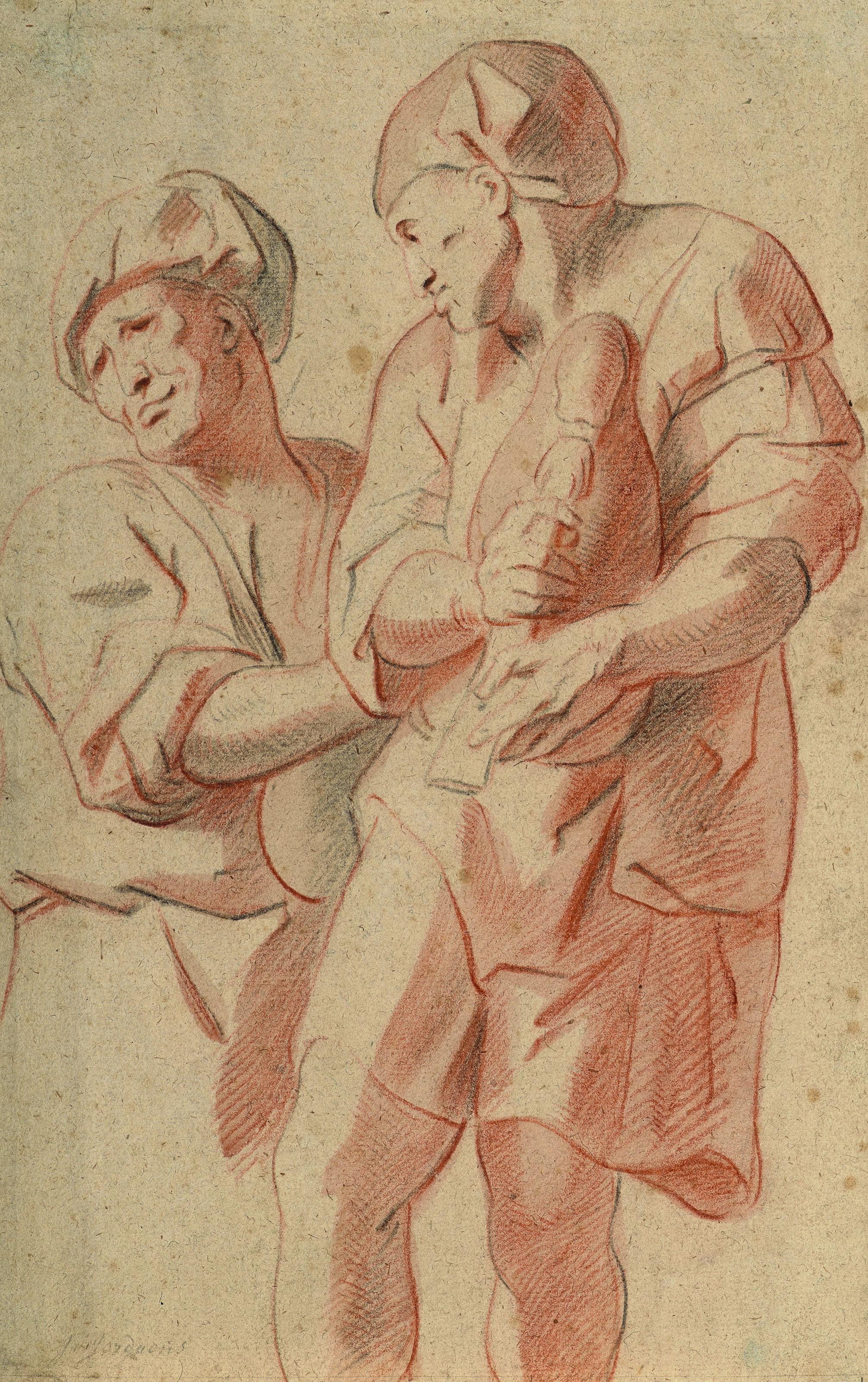 Jacob Jordaens - Deux hommes debout, l\'un jouant de la cornemuse