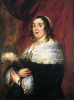 Jacob Jordaens - Portrait of a lady, half-length, in a black dress with an embroidered white collar and a cap decorated with pearls, a plume in her right hand