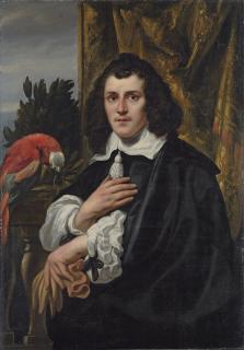 Jacob Jordaens - Portrait of a young man, half-length, in black doublet and cloak with white collar and sleeves, holding a pair of gloves, a parrot on a parapet beside him