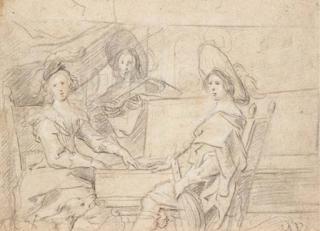 Jacob Jordaens - Three women playing music in an interior, a dog in the foreground