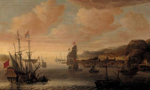 Jacob Knyff - Dutch Shipping, Including An Amsterdam Galleon, Lying In The Harbour At Genoa At Sunset