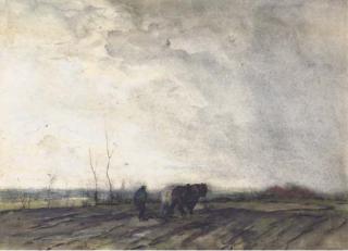 Jacob Maris - A Farmer Ploughing A Field