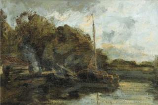 Jacob Maris - Moored sailing barges along a canal