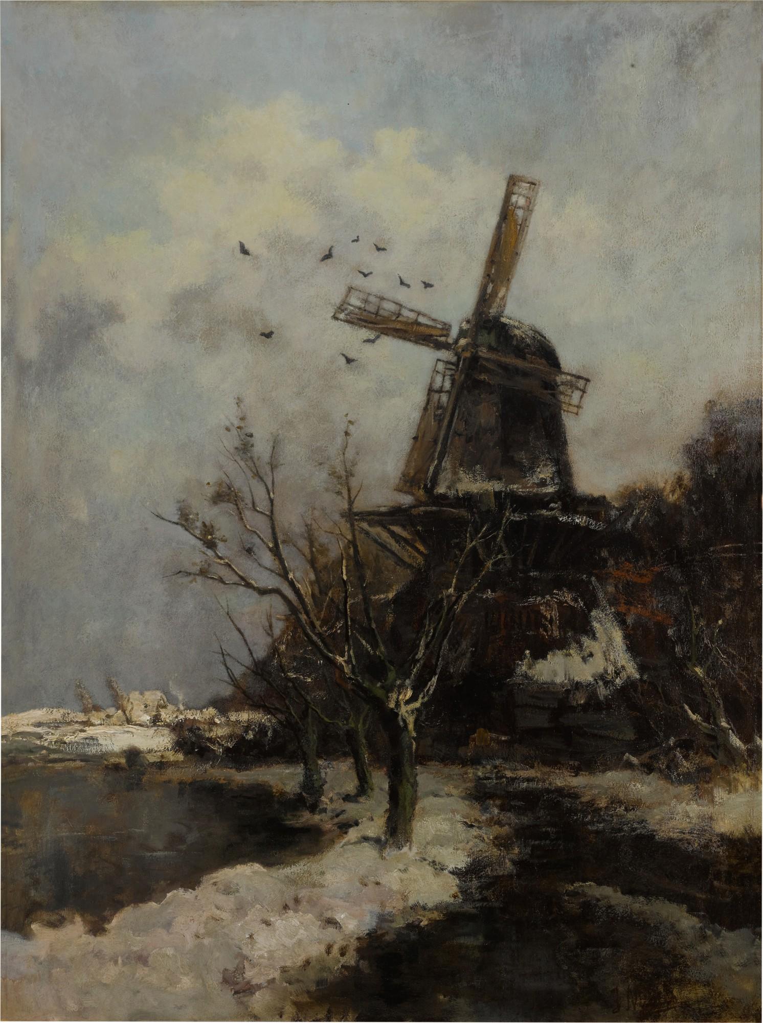 Jacob Maris - Windmill by a Stream in Winter