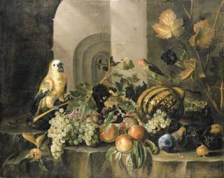 Jacob Marrel - A parrot, a parakeet, a melon, bunches of grapes, peaches, and other fruit, with a lizard, a beetle and other insects, on a rocky ledge