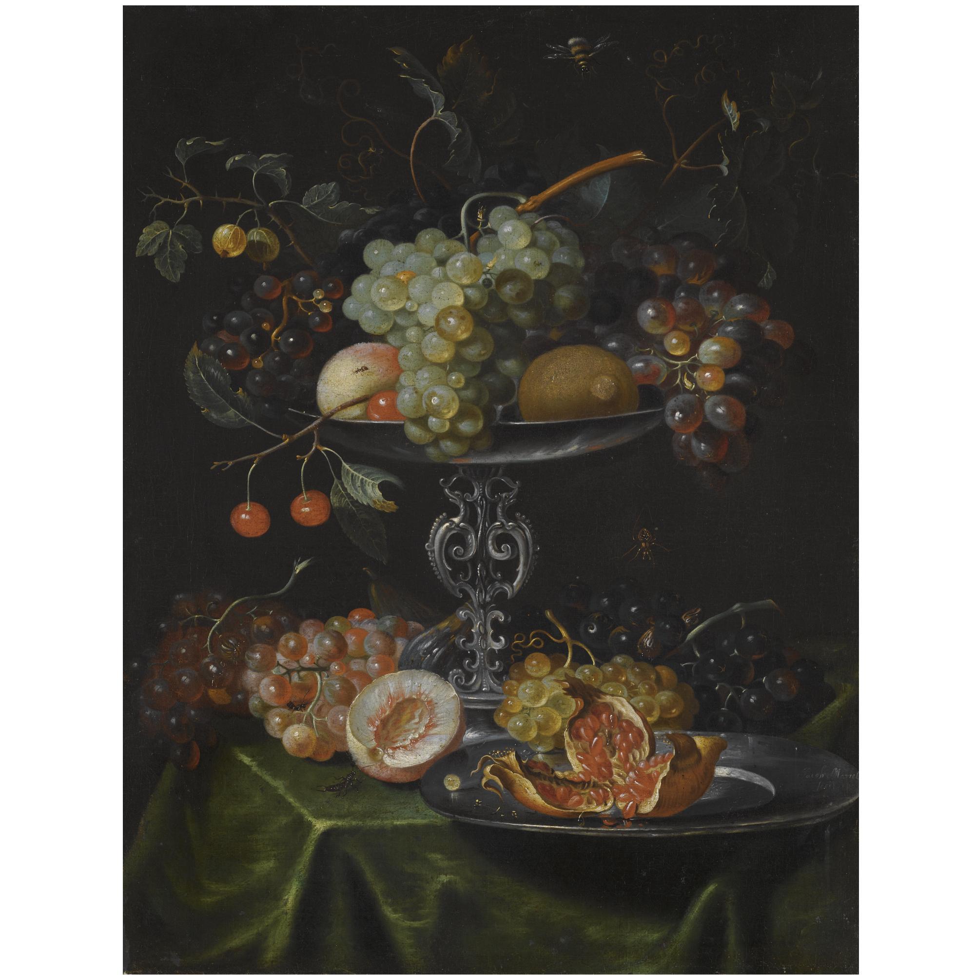 Jacob Marrel - A Still Life With Grapes, Pomegranates And Peaches In A Silver Dish