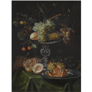 Jacob Marrel - A Still Life With Grapes, Pomegranates And Peaches In A Silver Dish