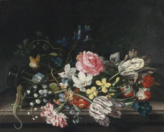 Jacob Marrel - An Overturned Vase Of Flowers Resting On A Ledge