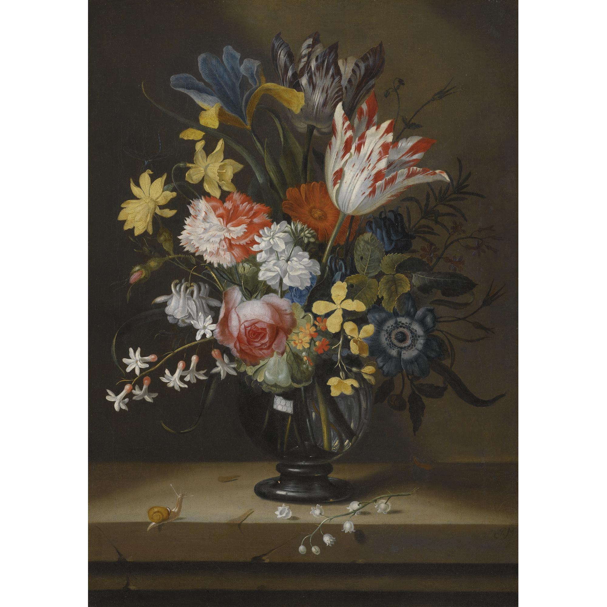 Jacob Marrel - Flowers In A Glass Vase On A Stone Shelf
