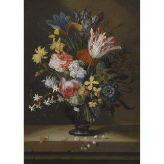 Jacob Marrel - Flowers In A Glass Vase On A Stone Shelf