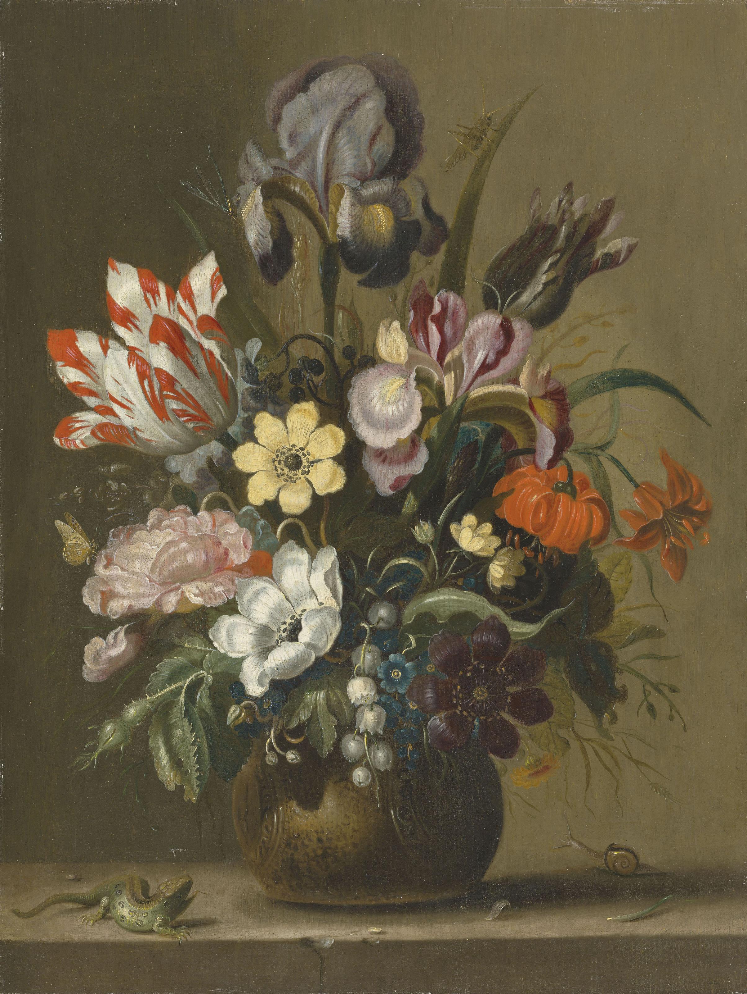 Jacob Marrel - Flowers in a stoneware vase on a ledge with a lizard and a snail