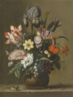 Jacob Marrel - Flowers in a stoneware vase on a ledge with a lizard and a snail