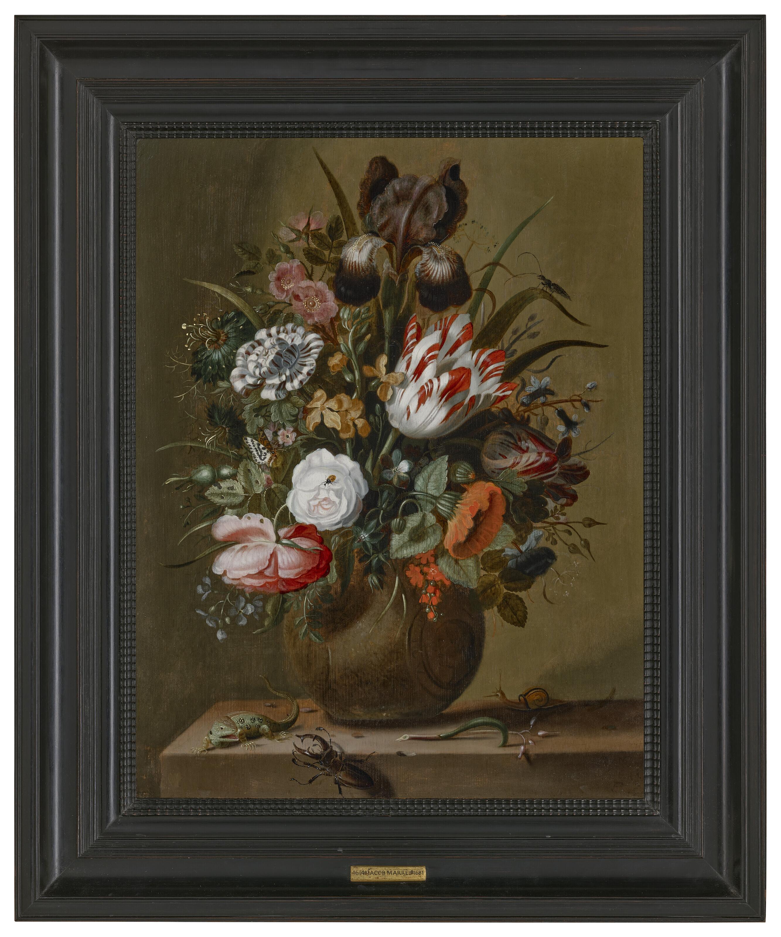 Jacob Marrel - Roses, tulips, an iris and other flowers in a stoneware vase on a ledge with a lizard, stag beetle and snail