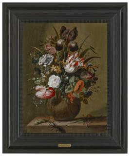 Jacob Marrel - Roses, tulips, an iris and other flowers in a stoneware vase on a ledge with a lizard, stag beetle and snail