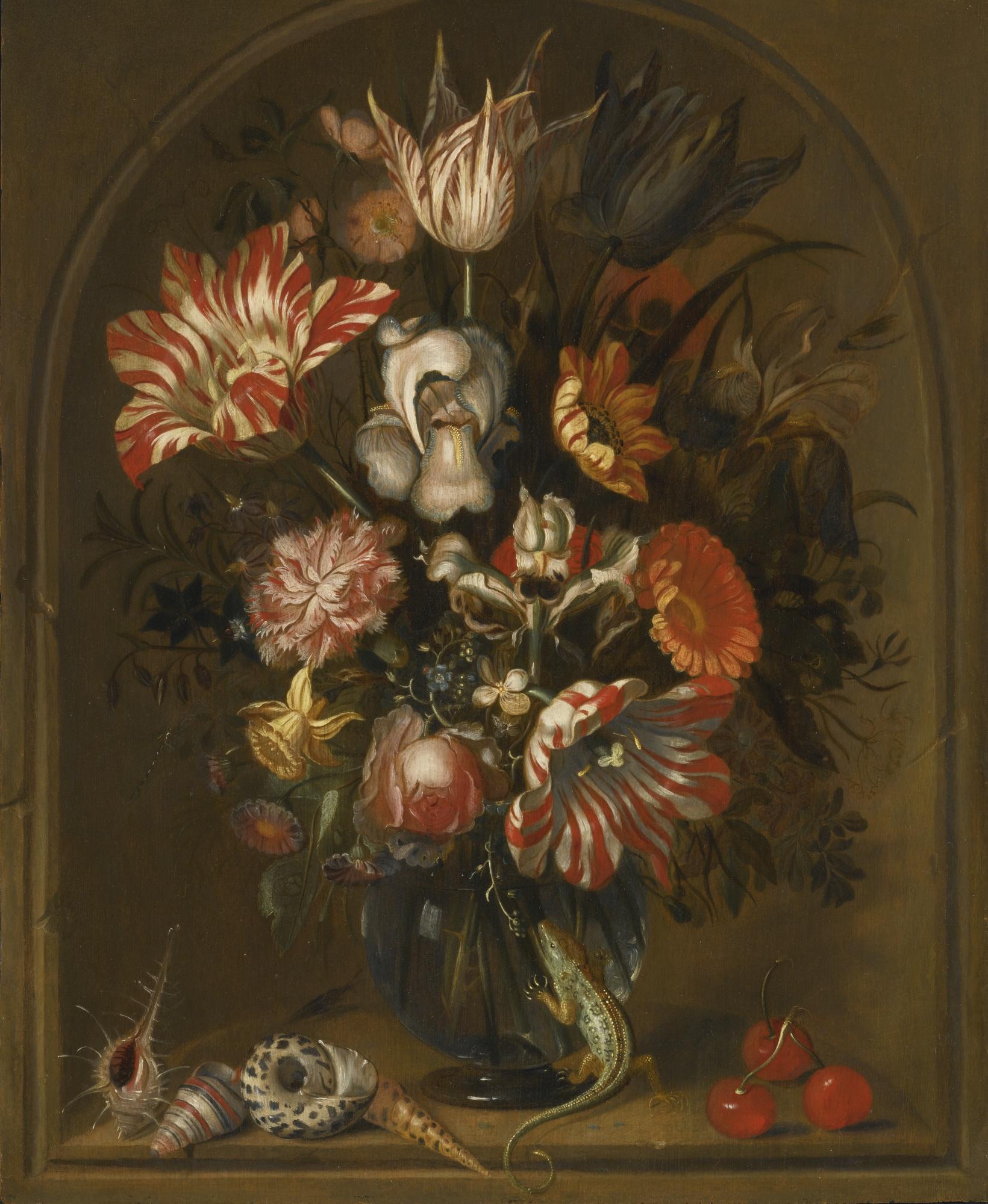 Jacob Marrel - Still Life Of Flowers In A Glass Vase Within A Niche, With Cherries, Shells And A Lizard