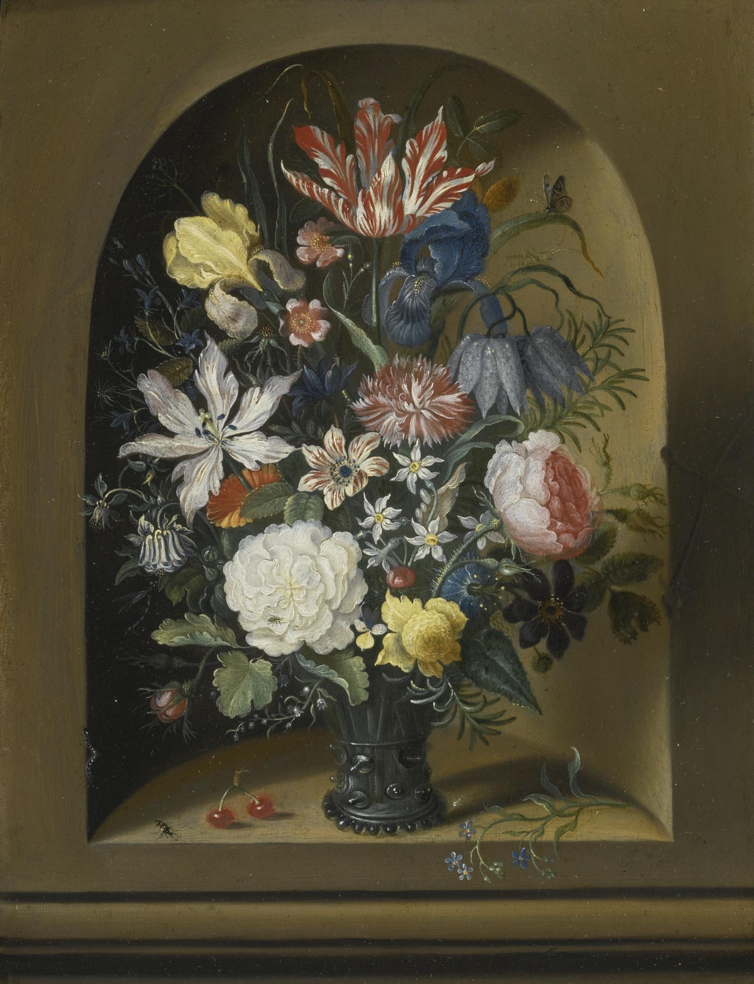 Jacob Marrel - Still Life Of Flowers In A Niche With Cherries, Insects And A Caterpillar