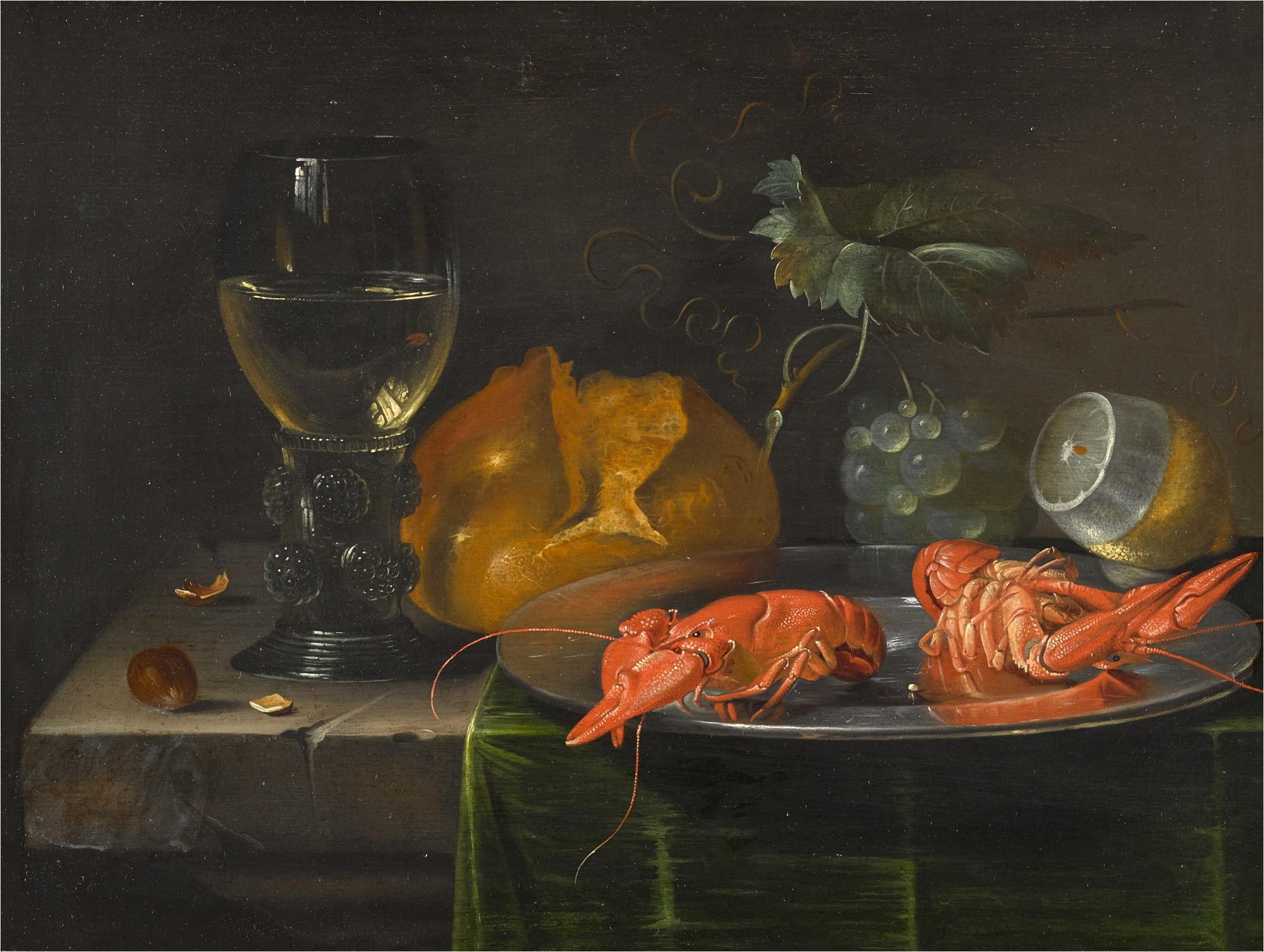 Jacob Marrel - Still Life With A Roemer, A Plate, Two Lobsters And Fruit On A Covered Table