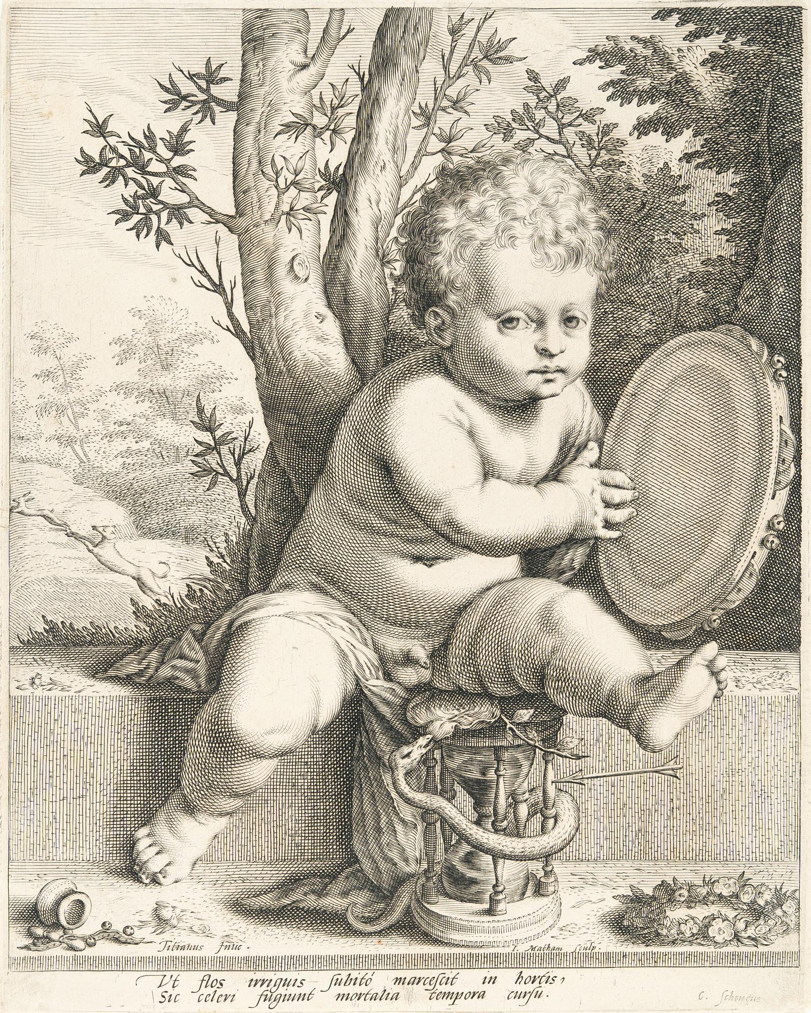 Jacob Matham - Putto mit Tamburin („Vt flos irriguis subito marcescit in hortis“)