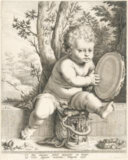 Jacob Matham - Putto mit Tamburin („Vt flos irriguis subito marcescit in hortis“)