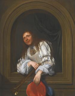 Jacob Ochtervelt - A Musician, Holding A Trumpet And A Hat, Leaning Over A Stone Niche