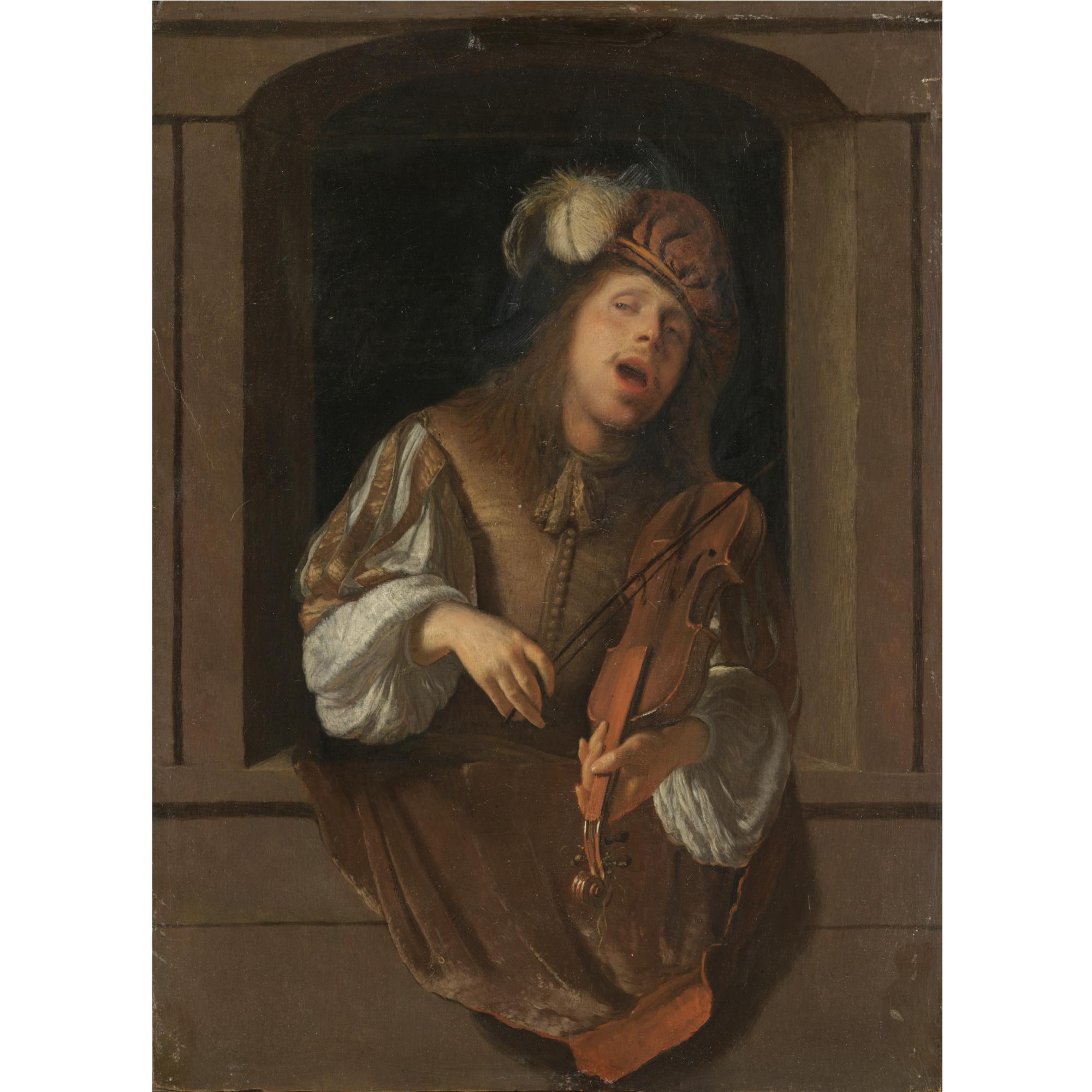 Jacob Ochtervelt - A Singing Violinist, Probably A Self-Portrait, Set Within A Niche