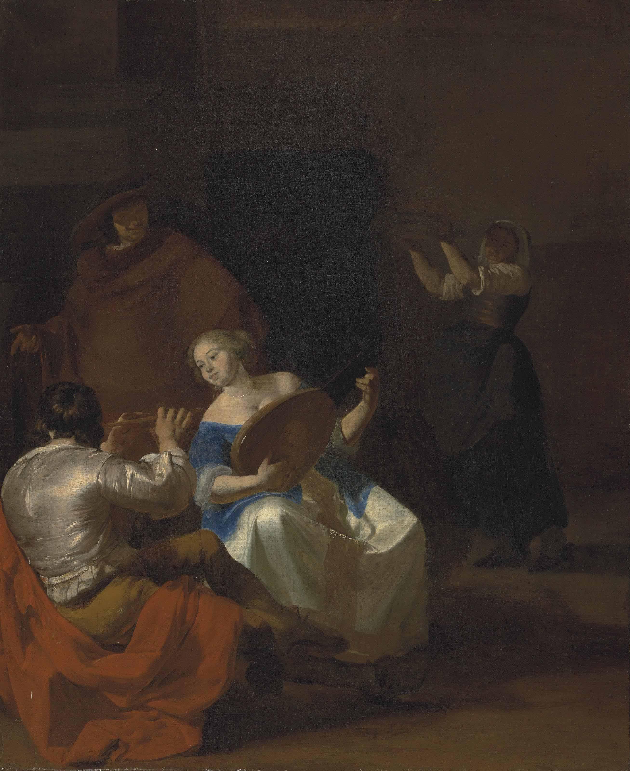 Jacob Ochtervelt - An interior with an elegant woman playing a lute and a man playing a flute, a maid by the fireplace beyond