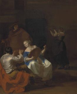 Jacob Ochtervelt - An interior with an elegant woman playing a lute and a man playing a flute, a maid by the fireplace beyond