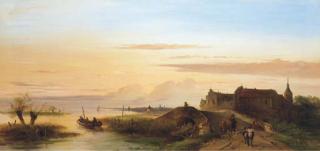 Jacob Pelgrom - Figures by a bridge in an extensive river landscape at dusk