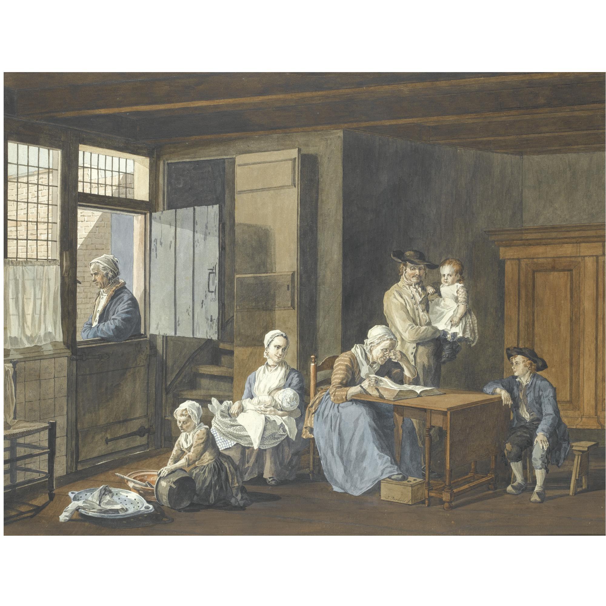 Jacob Perkois - Interior With A Grandmother Reading The Bible To Her Family