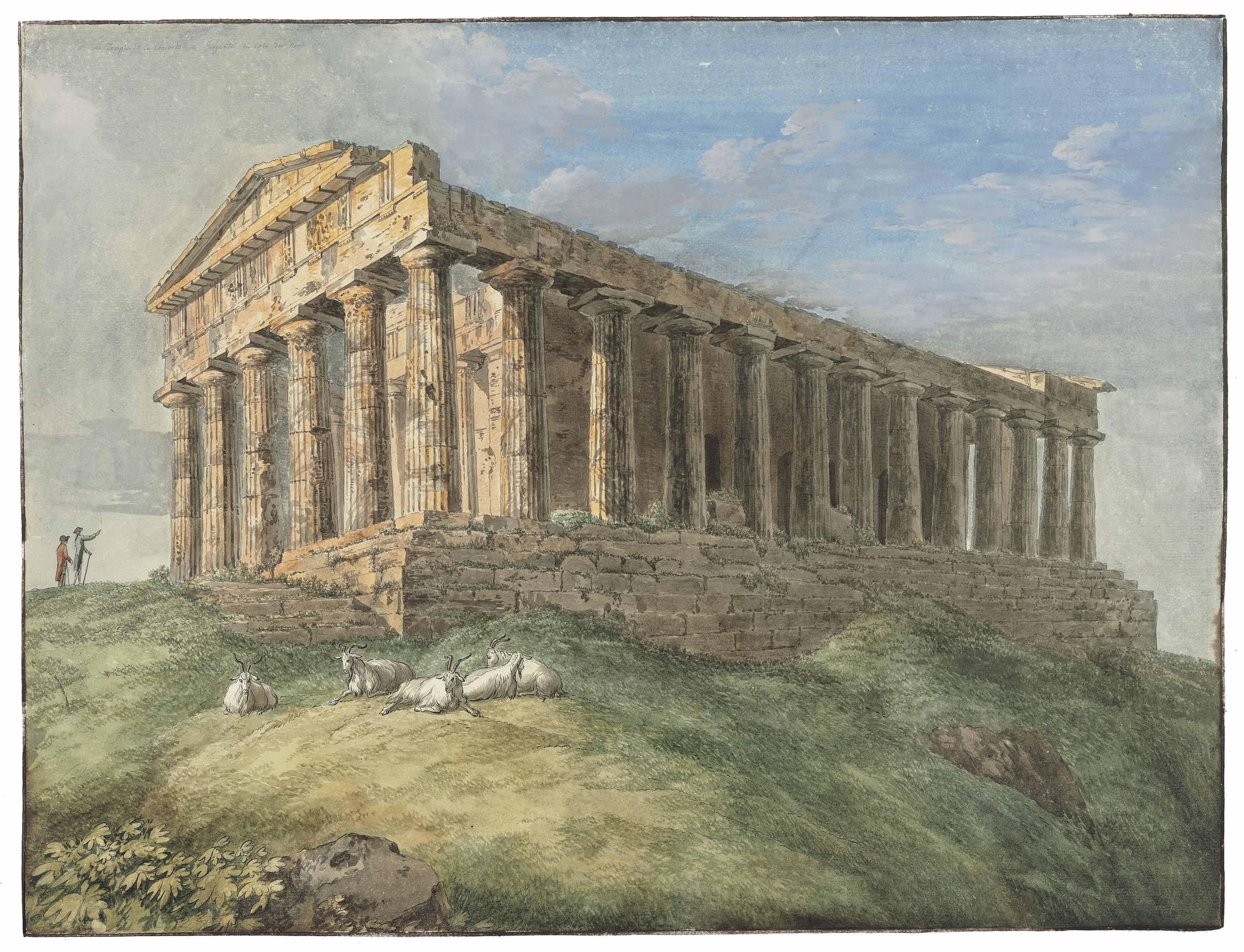 Jacob Philipp Hackert - A view of the Temple of Concordia at Agrigento, with two figures and goats in the foreground
