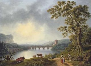Jacob Philipp Hackert - The Volturno with the Ponte Margherita, near Pisa, with a herdsman resting and peasants on a path